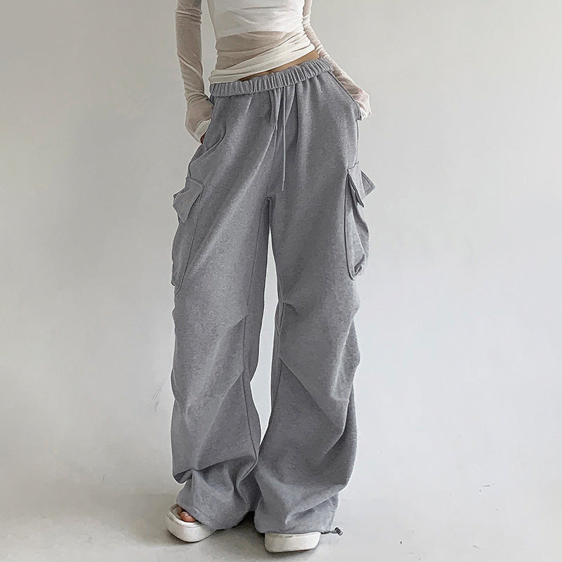 Pleated High-Waist Multi-Pocket Sweatpants Pants