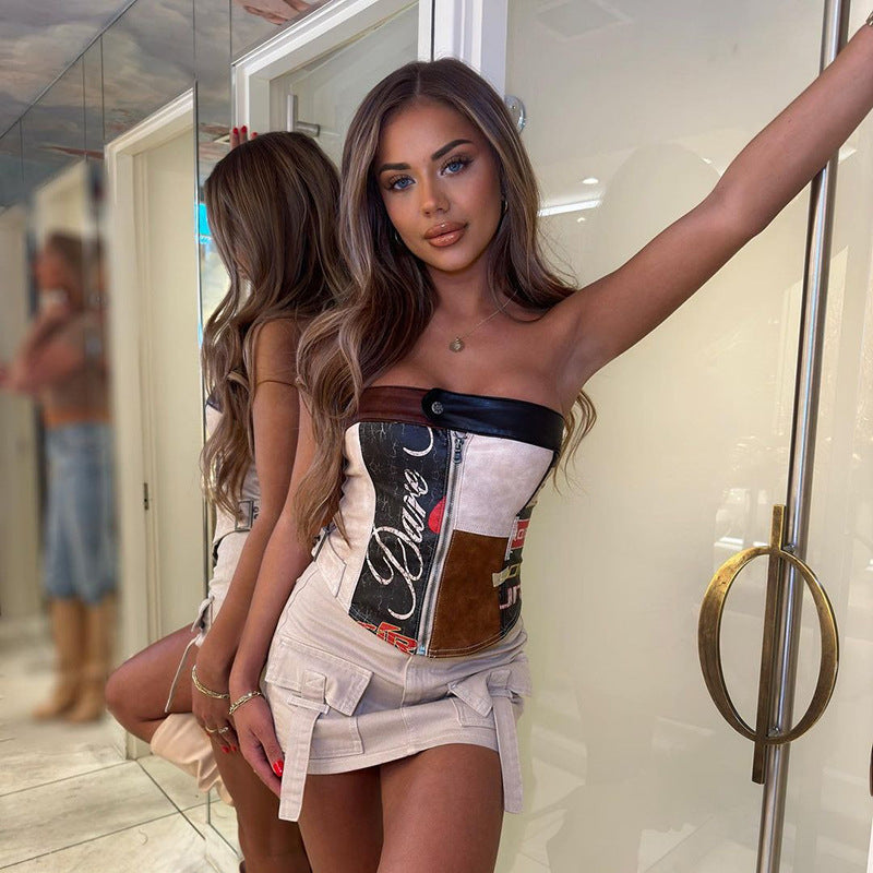 Retro Printed Off-Neck Slim Zipper Vest Tube Top (7517936320600)