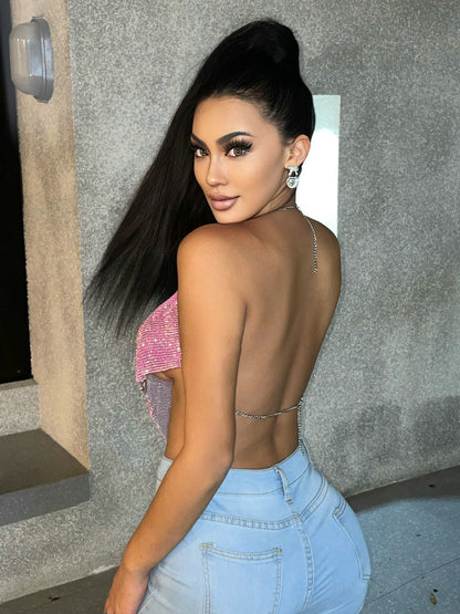 Rhinestones Diamond Hanky Chain Halter Crop-Top