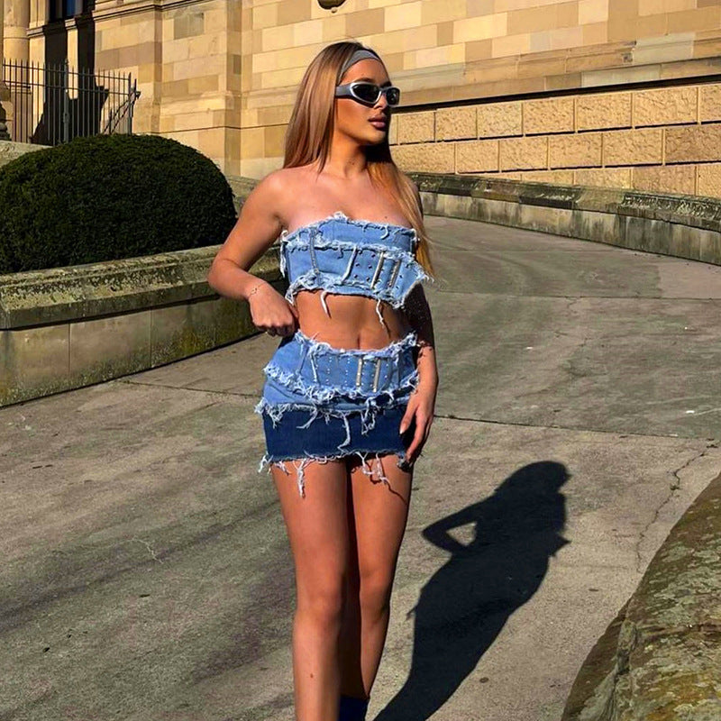 Fringe - Denim Distressed Buckle-Wrapped Cropped Tube Top & Mini Skirt Two-Piece Set (7519217090648)