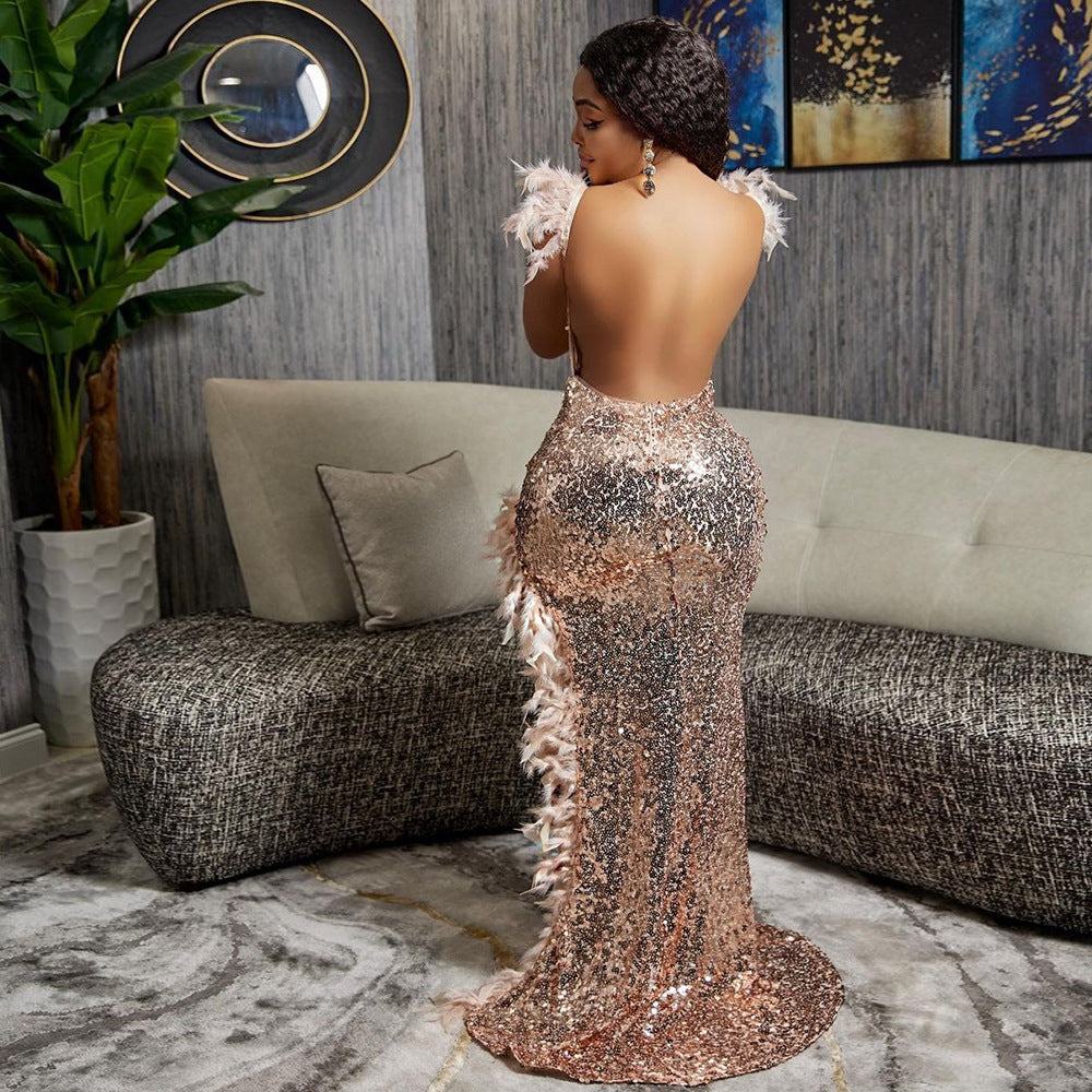 Can-You-Say Backless - Feather Sling High Slit Sequin Backless Dress (7516662562904)