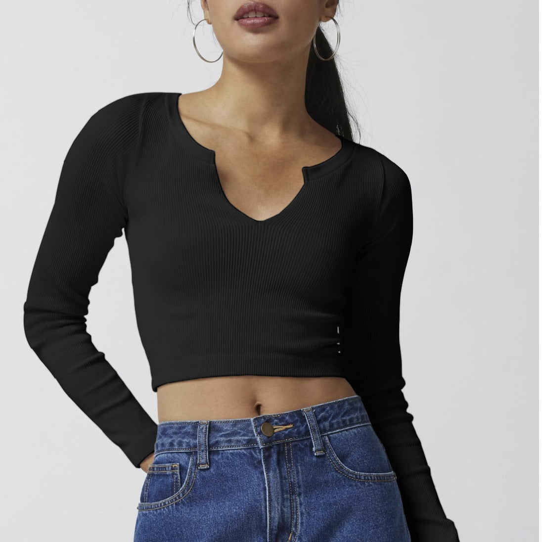 Ribbed V-Neck Crop-Top (7516556394584)