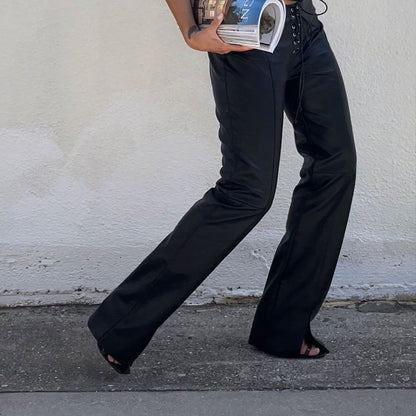 Faux-Leather Low-Waist Lace-Up Pants (7524749803608)