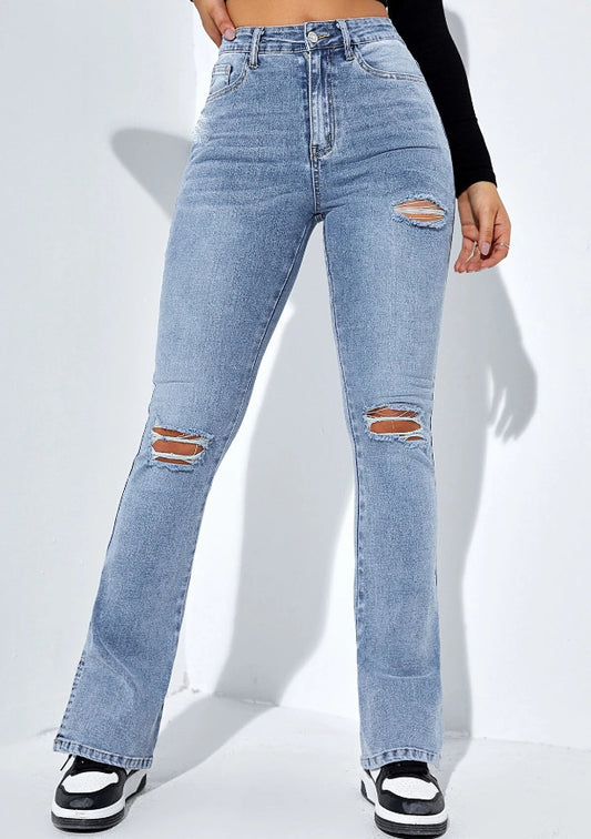 Distressed-Washed Straight Leg Stretchy Denim Jeans