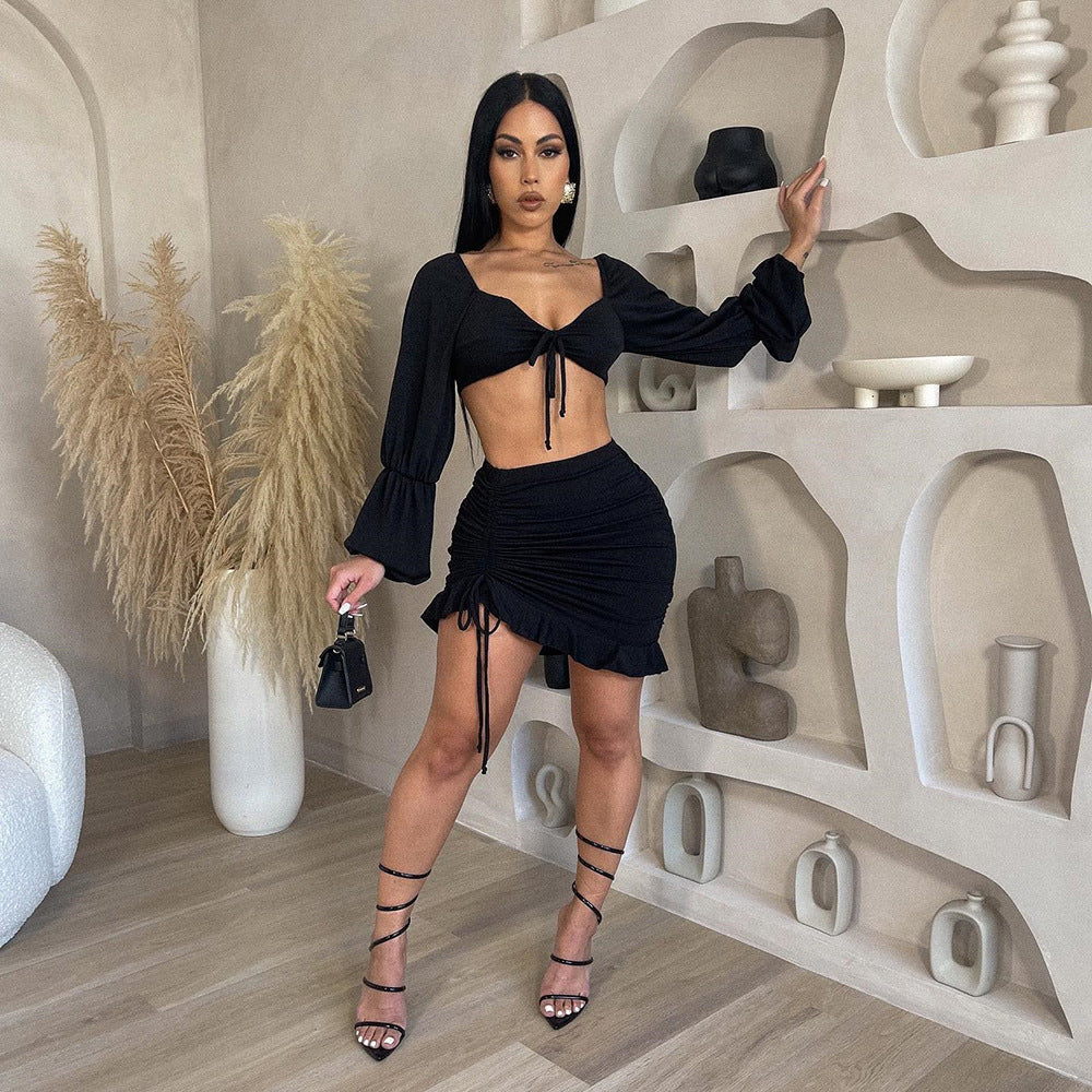 Hollow-Out Cut-Out Drawstrings Corset & Skirt Two-Piece Set (7524290166872)