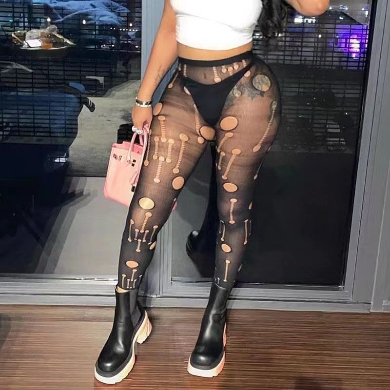 High Waist Mesh Hollow Out Cutout Ripped Sexy Slim Fit Pantyhose Women Clothing (7525024301144)