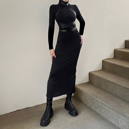 Maxi Wrap-Leather Detail Dress