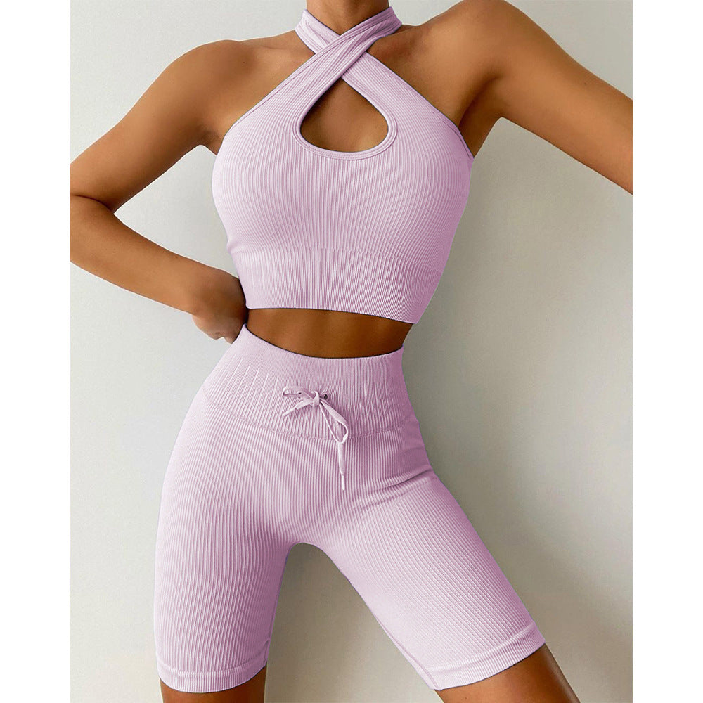 Cross-Halter - Bra & Piano Line Drawstrings Shorts Set (7516865396824)