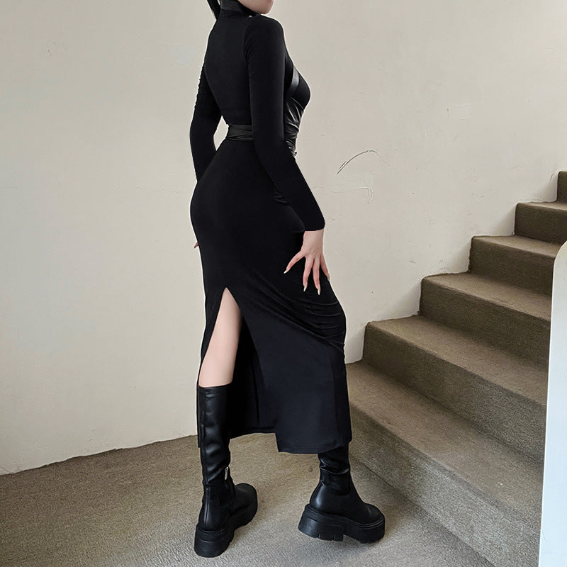Maxi Wrap-Leather Detail Dress