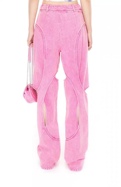Hollow-Out Cut-Out Asymmetrical Barbie Pink Denim Jeans