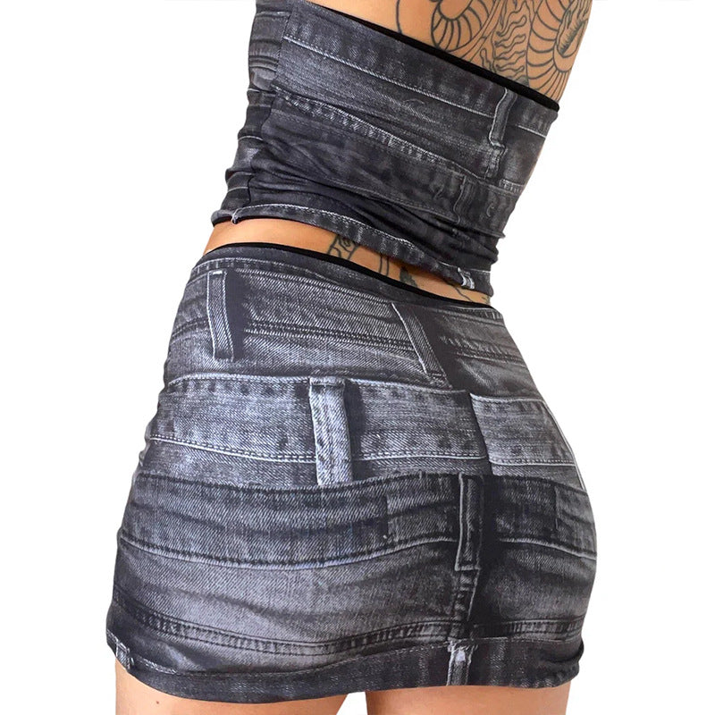 Polyester Printed Denim - Cropped Tube-Top & Slim-Fit Skirt Set (7517938745432)