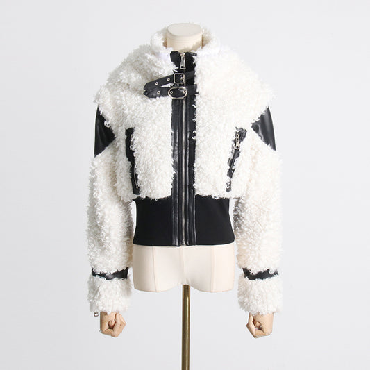 Faux Leather Lamb Wool Outer-Stitching Jacket Coat