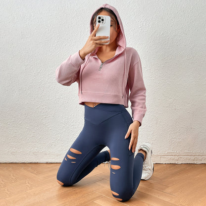 Spring Summer Cross Solid Color Irregular Asymmetric Ripped Tight Trousers Pocket Slimming Yoga Sports Pants (7525023744088)