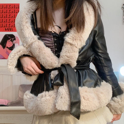 Slim-Fit Faux Leather Wide Fur Collar Patchwork Long Sleeves Coat