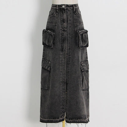 Solid Color High-Waist Front Slit Denim Skirt (7522341978200)