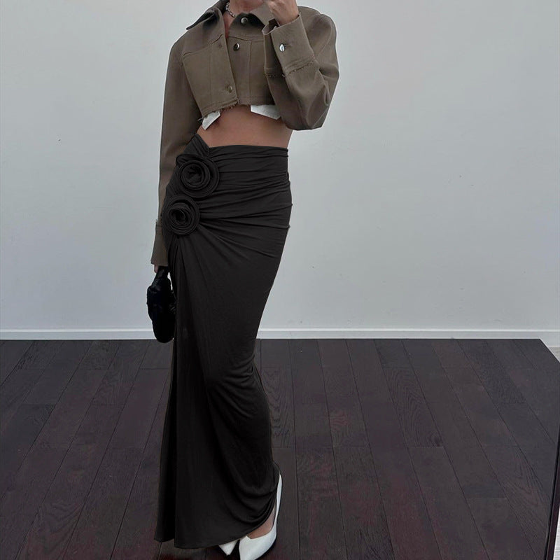 French Floral Pleated Side Slit High-Waist Skirt (7524821041240)