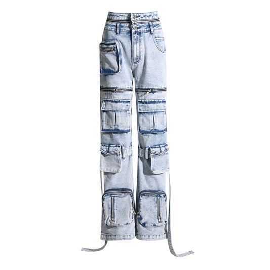Niche Patchwork Pockets High-Waist Straight Leg Denim Jeans