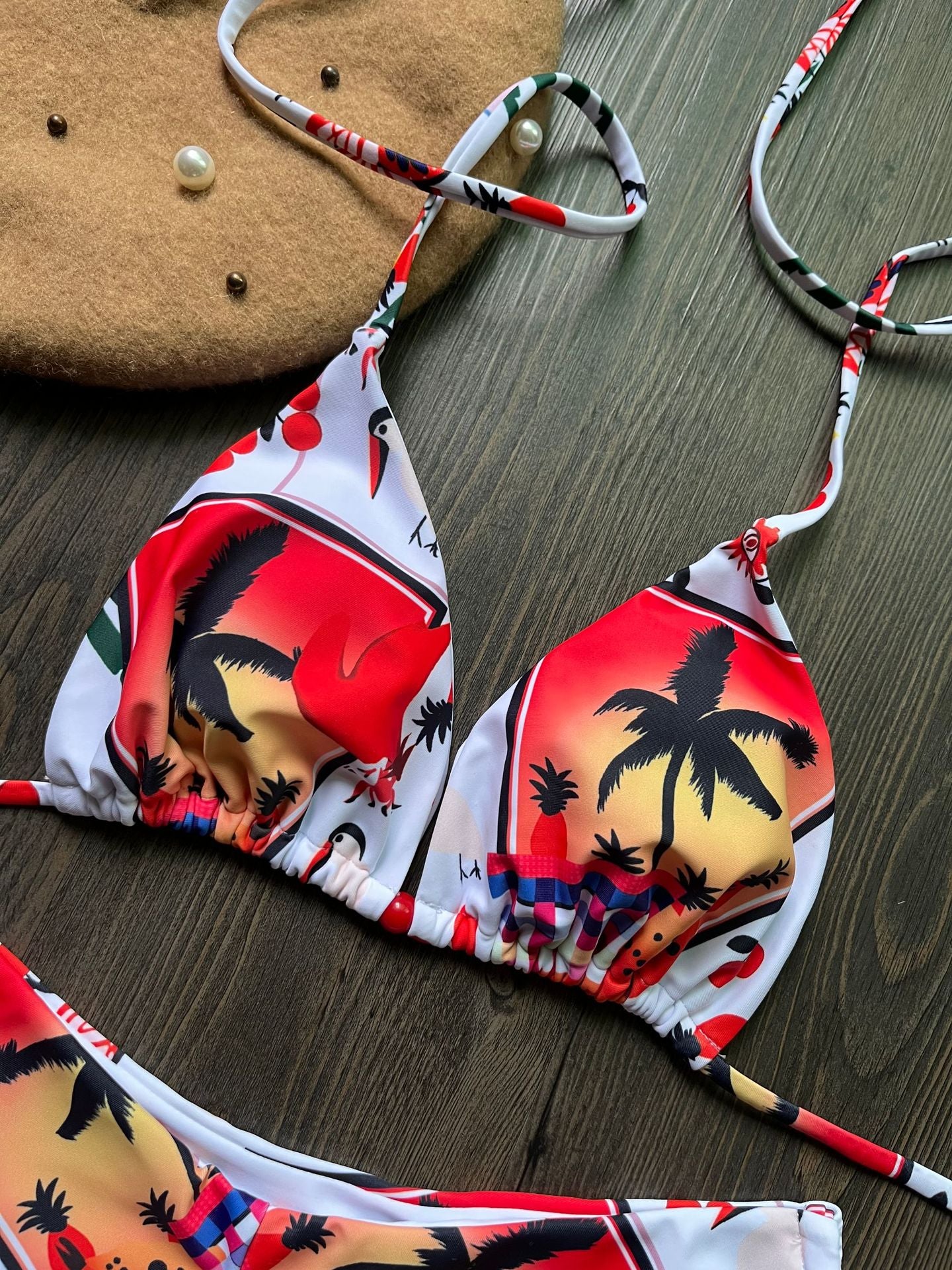 Triangle Print - Bikini Printed Detail Lace-Up Bikini (7516580708440)