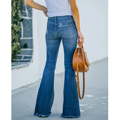 Dark Color Mid-Waist Skinny Wide Leg Denim Jeans