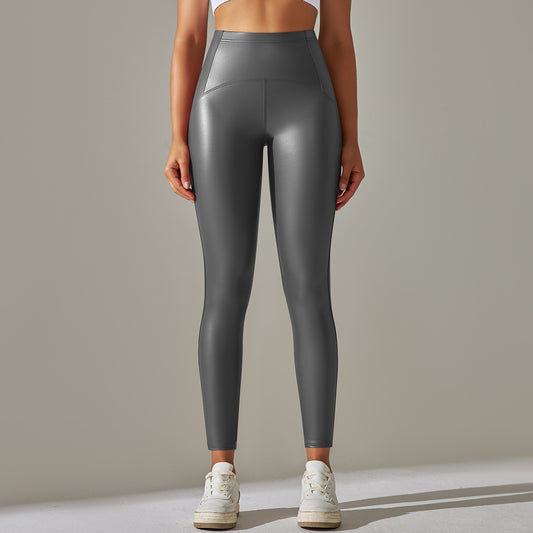 Faux Leather Pants High Elastic Sexy High Waist Solid Color Bright Black Tight Trousers Running Fitness Yoga Pants (7525024039000)