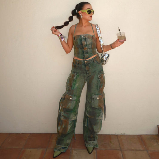Gradient/Radiant - Gradient Color Halter Lace-Up Vest Zipper Off Neck Bandeau Sling Pants Set (7516487811160)