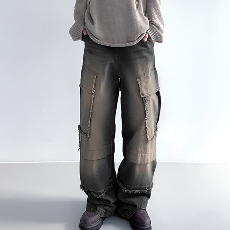 Distressed Frayed-Stitching Mid-Waist Beggar Pockets-Split Denim Jeans