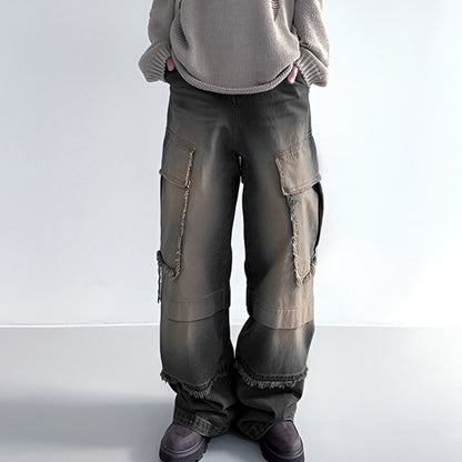 Distressed Frayed-Stitching Mid-Waist Beggar Pockets-Split Denim Jeans