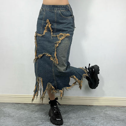 Retro High-Waist Asymmetric A-Line Star-Stitch Denim Skirt (7522342043736)