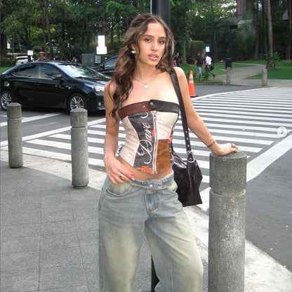 Retro Printed Off-Neck Slim Zipper Vest Tube Top (7517936320600)