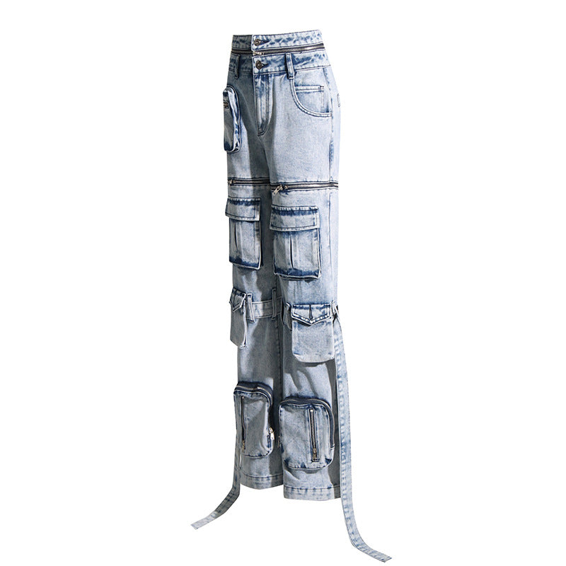 Niche Patchwork Pockets High-Waist Straight Leg Denim Jeans