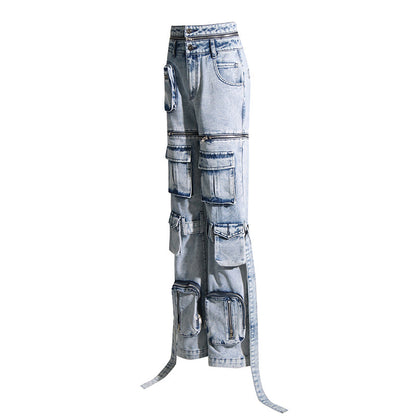Niche Patchwork Pockets High-Waist Straight Leg Denim Jeans