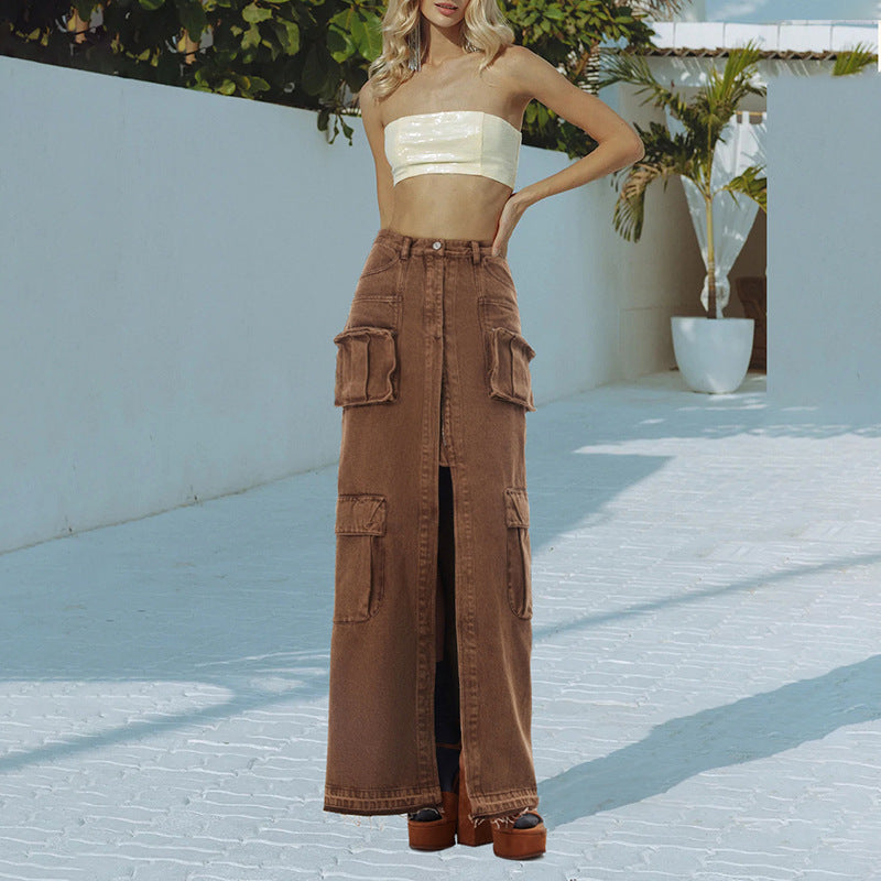 Solid Color High-Waist Front Slit Denim Skirt (7522341978200)