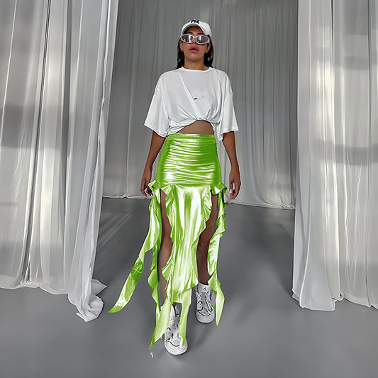 Faux-Leather Ribbon Tassel Micro Elastic Metallic Coated Fishtail Asymmetrical Skirt