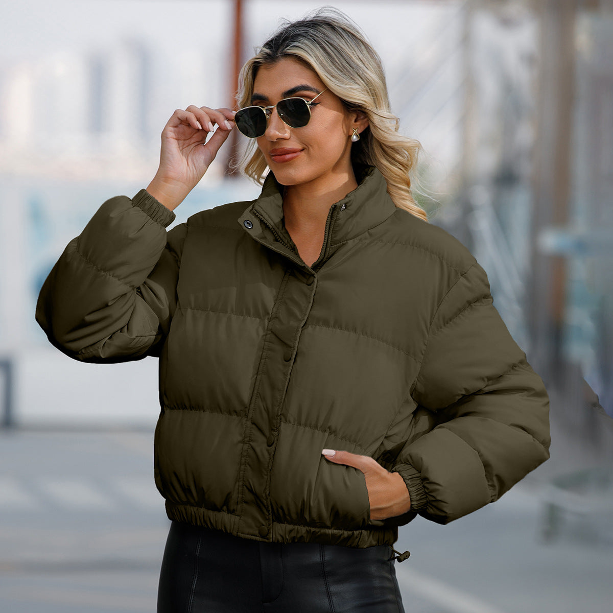 Short Cotton Jacket Long Sleeves High Collar Cotton-Padded Coat (7516616294488)