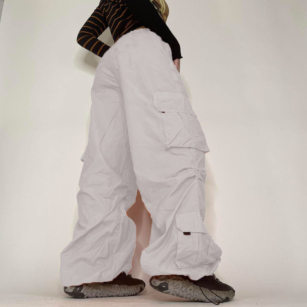 Pocket Patchwork Cargo Pants Low-Waist Drawstrings Ankle-Tied Wide Leg Pants (7524754227288)