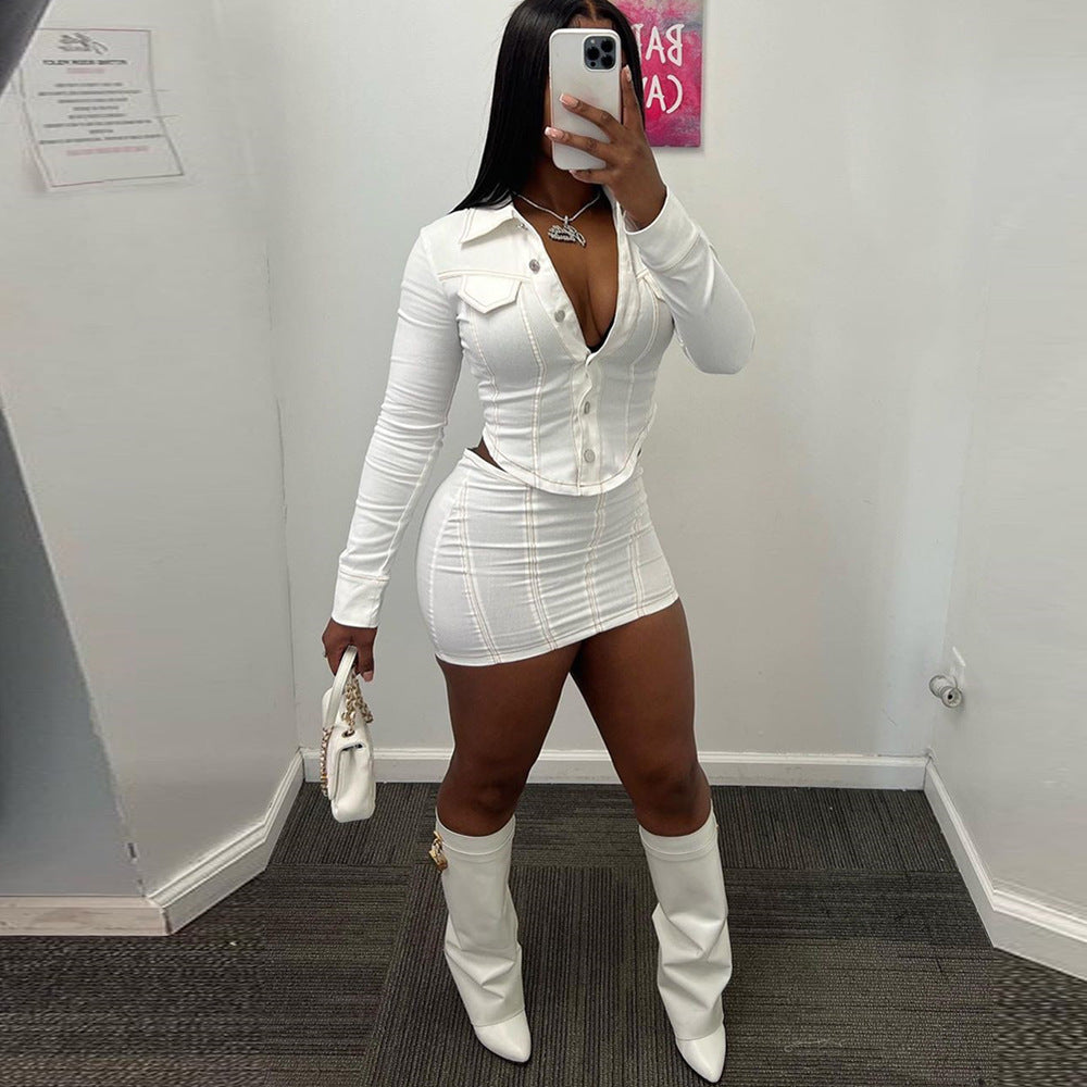 Short Skirt & V Plunge Work Shirt Style Two-Piece Set (7519217156184)