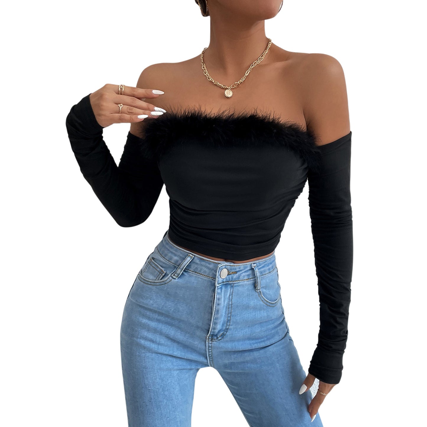 Retro Fur Line Tube-Top Long-Sleeves Off-Neck Backless Off-Shoulder Top (7518488363096)