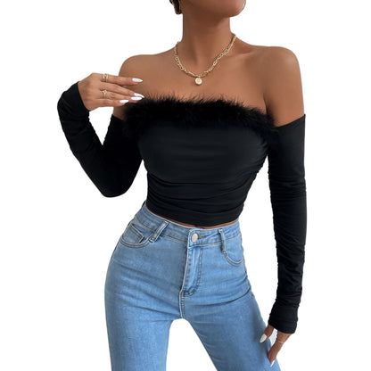 Retro Fur Line Tube-Top Long-Sleeves Off-Neck Backless Off-Shoulder Top (7518488363096)
