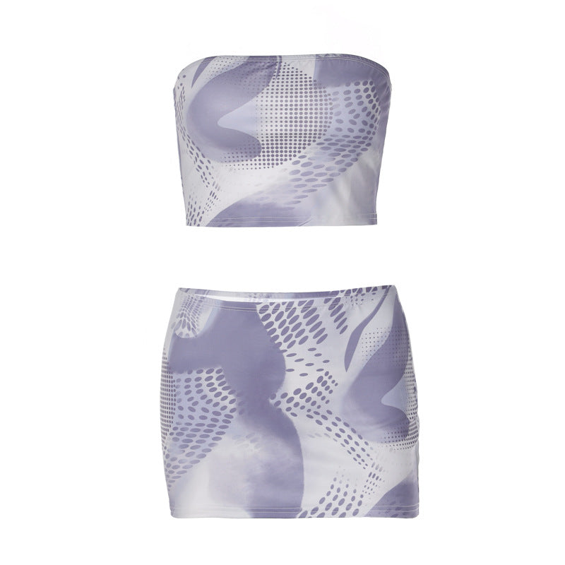 Abstract Strapless Tube Top & Hip Skirt - Two-Piece Set (7524280303704)