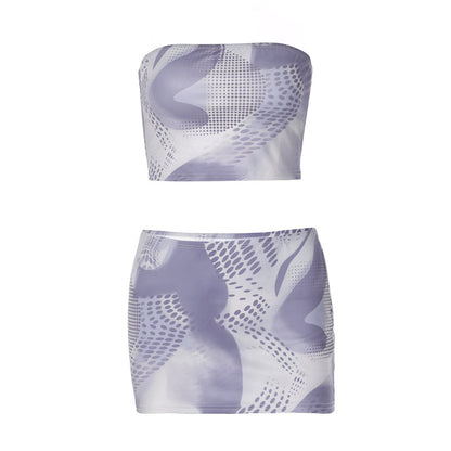 Abstract Strapless Tube Top & Hip Skirt - Two-Piece Set (7524280303704)