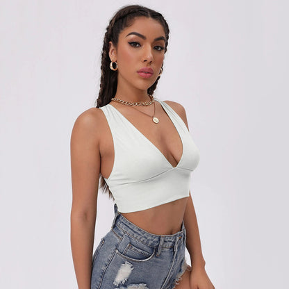 Slim-Fitting Solid Color V-Neck Top Sling Backless Vest Crop-Top