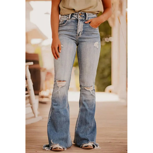 Flared Blue Color Washed-Out Distressed Vintage Denim Jeans (7524741152856)