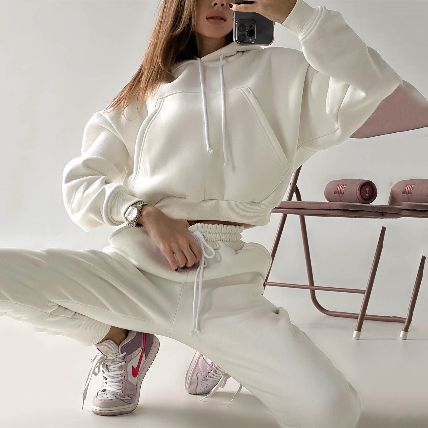 Hooded Sweatshirt & Sweatpants Two-Piece Set - Solid Color (7517801676888)