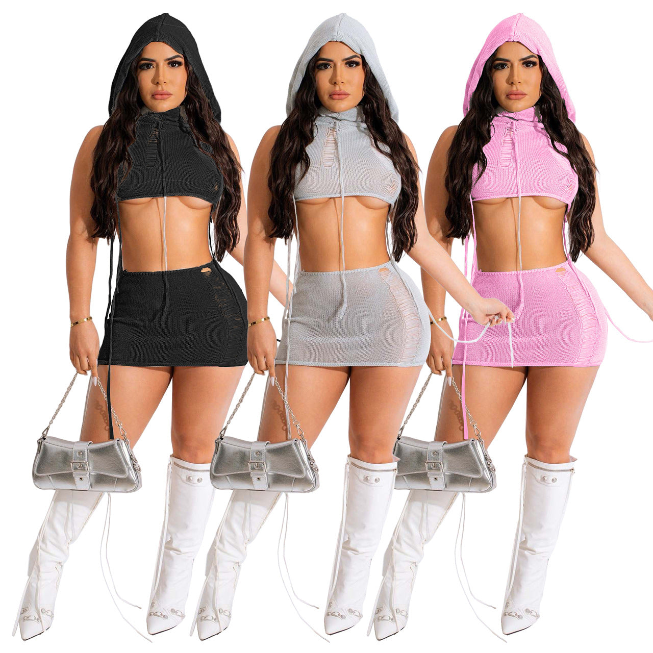 Women Clothing Sleeveless Hooded Hollow Out Cutout Sexy Hip Tassel Woolen Skirt Set (7524905287768)