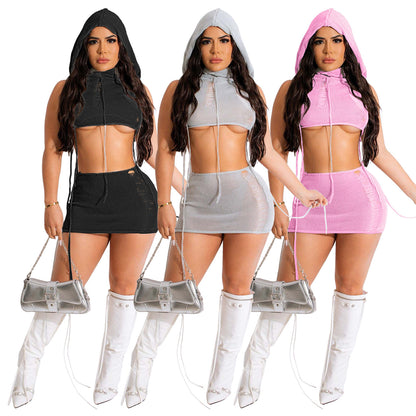 Women Clothing Sleeveless Hooded Hollow Out Cutout Sexy Hip Tassel Woolen Skirt Set (7524905287768)