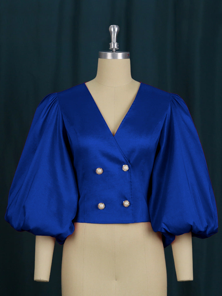 Professional Buttons - Button Cardigan Lantern Sleeve V-Neck Slim-Fit Shirt Top (7518642569304)