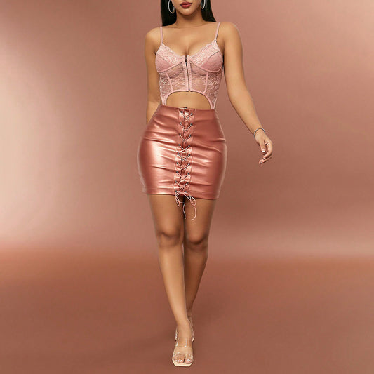 Faux-Leather Lace-Up Hip Skirt
