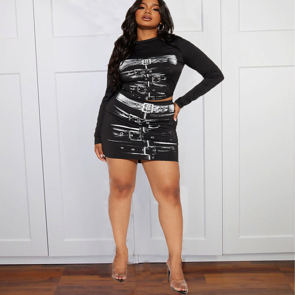 Printed Slimming Long Sleeves Short Skirt & Top Two-Piece Set (7524282990680)