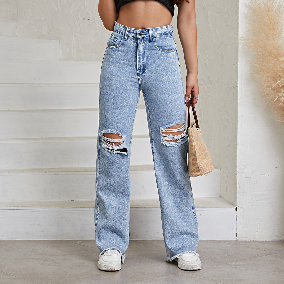 Distressed High-Waist Straight Leg Denim Jeans