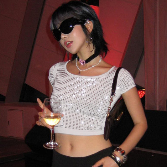 Rhinestones Short Sleeves Crop-Top